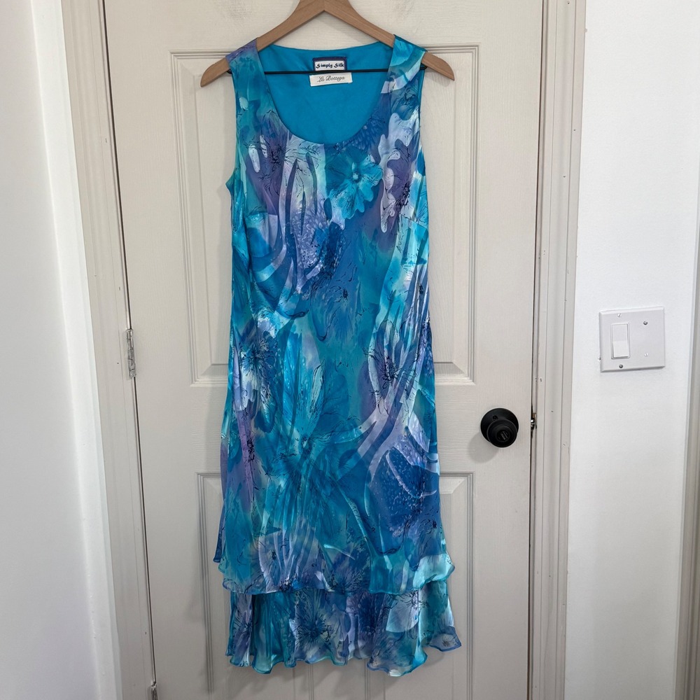 Vintage La Bottega Midi Dress Womens XL Blue Floral Watercolor Tiered Silk Fairy - Picture 3 of 9
